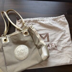 Michael Kors Canvas Tote Bag Beige Gold Shoulder Bag Large MK Logo